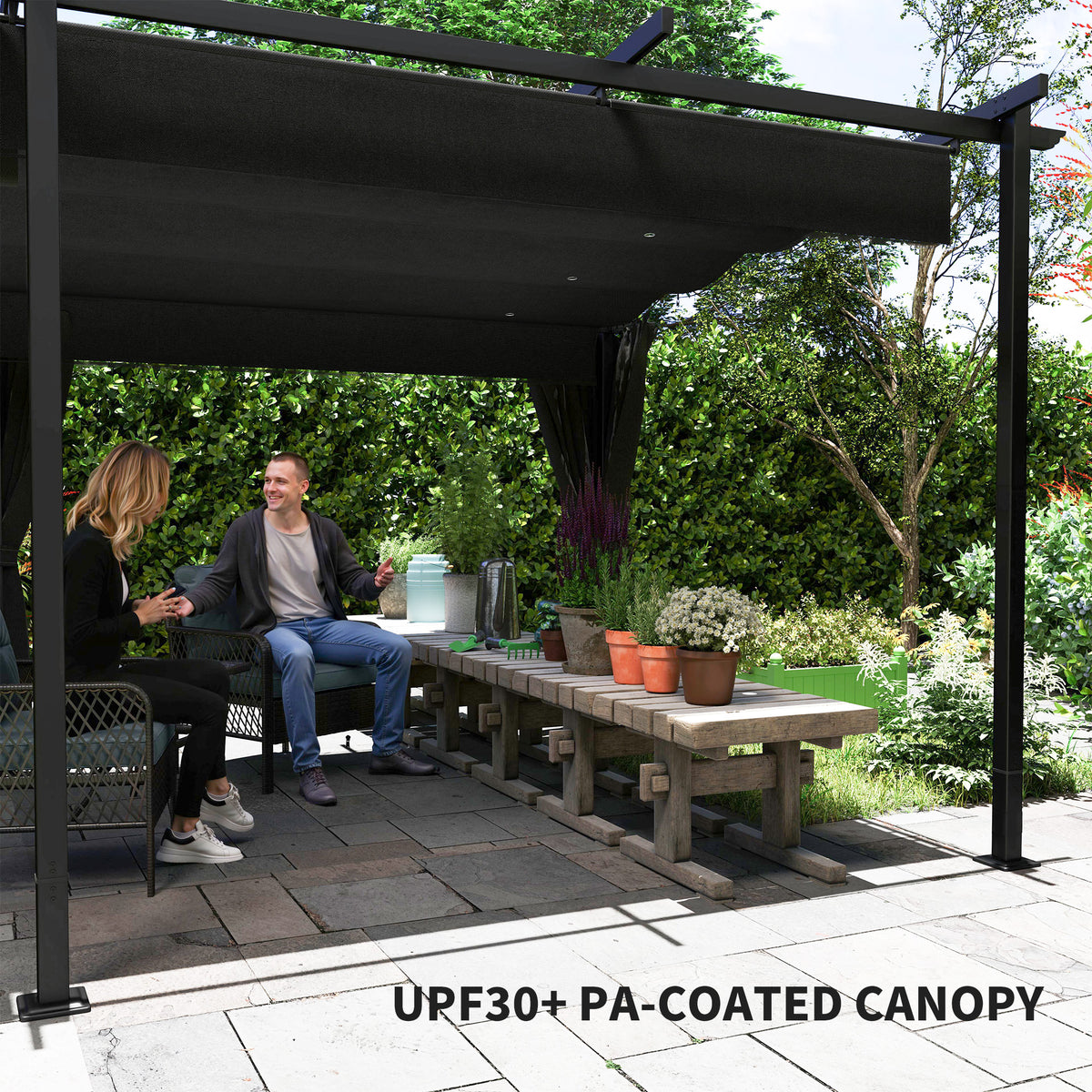 10' x 20' Retractable Pergola with Curtains - Dark Gray-DECOROLALA