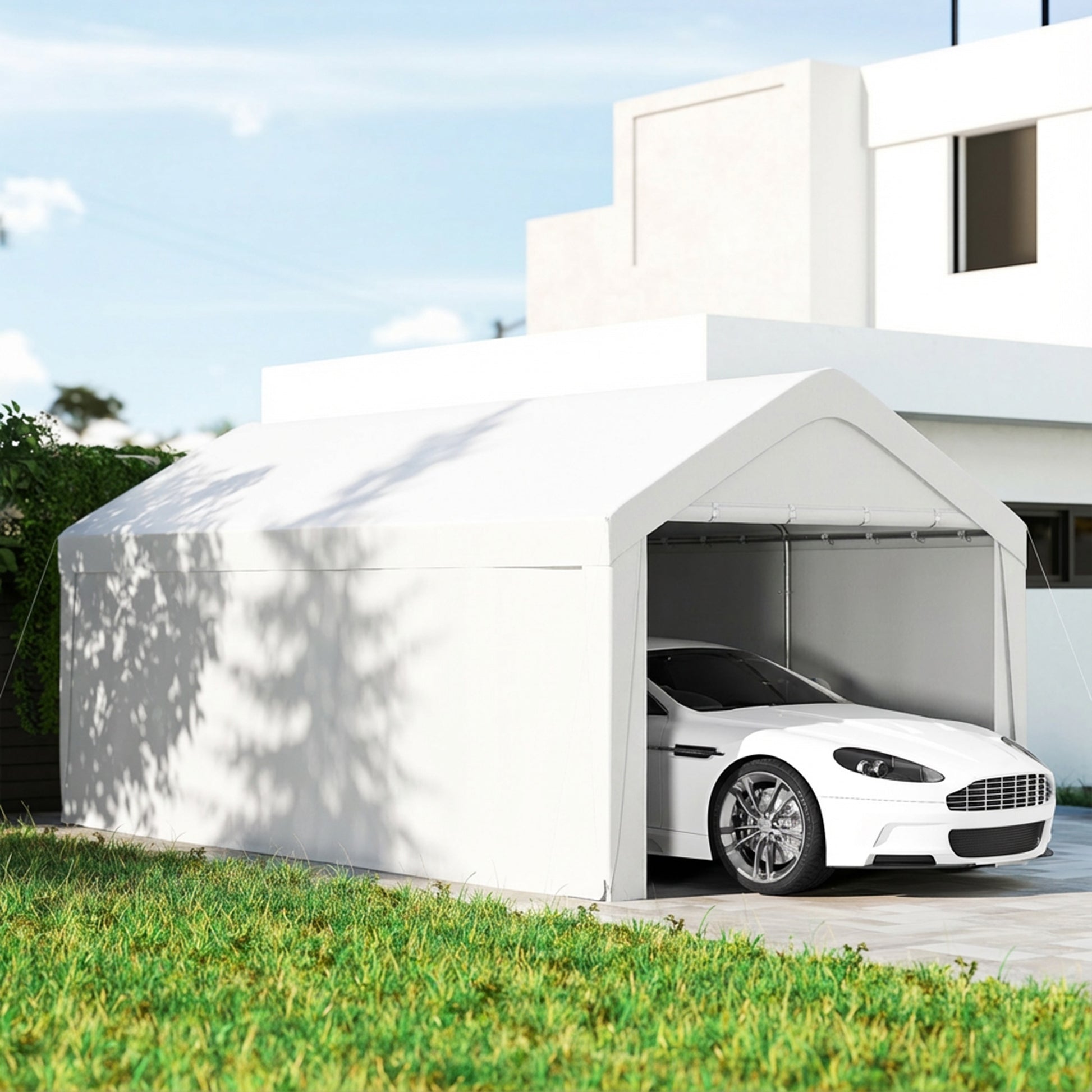 10 x 20 ft Portable Carport Garage - White Steel PE Fabric-Patio & Garden > Wedding & Events Tents > Car Shelters-DECOROLALA