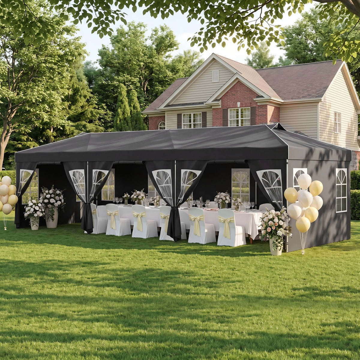 10 x 30 FT Pop Up Canopy Tent with 8 Sidewalls and Adjustable Height-Black-Canopies-DECOROLALA