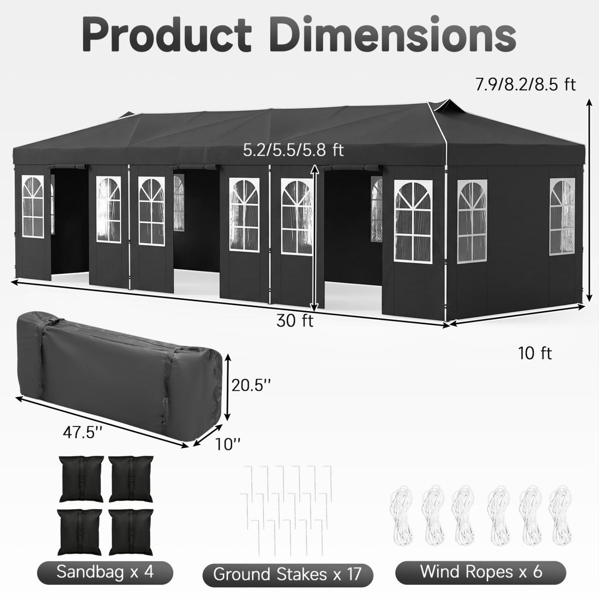 10 x 30 FT Pop Up Canopy Tent with 8 Sidewalls and Adjustable Height-Black-Canopies-DECOROLALA