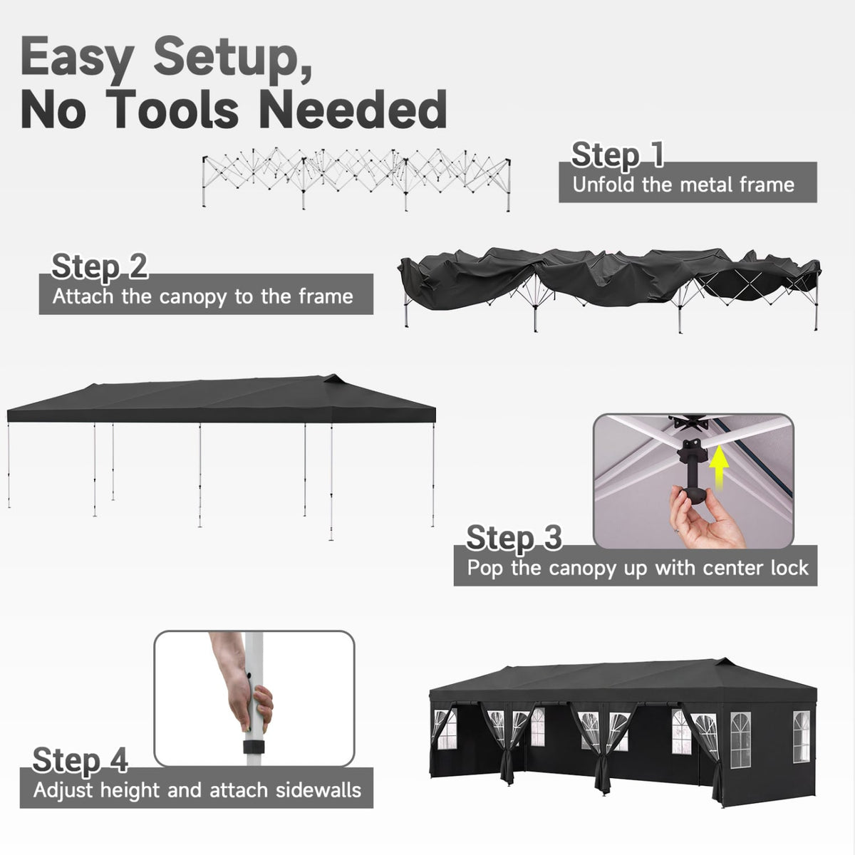10 x 30 FT Pop Up Canopy Tent with 8 Sidewalls and Adjustable Height-Black-Canopies-DECOROLALA