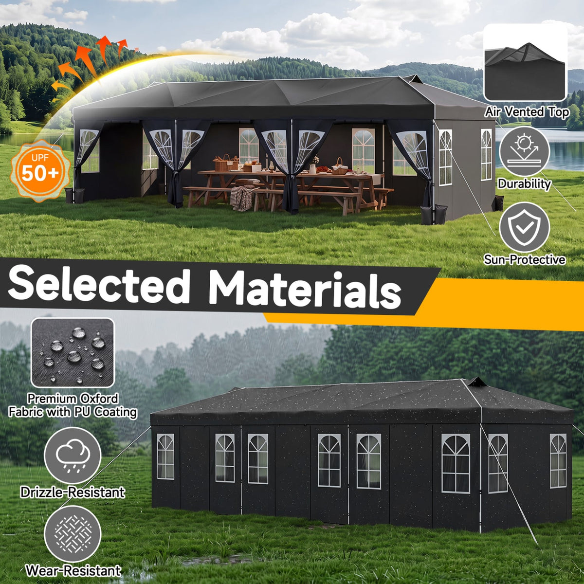 10 x 30 FT Pop Up Canopy Tent with 8 Sidewalls and Adjustable Height-Black-Canopies-DECOROLALA