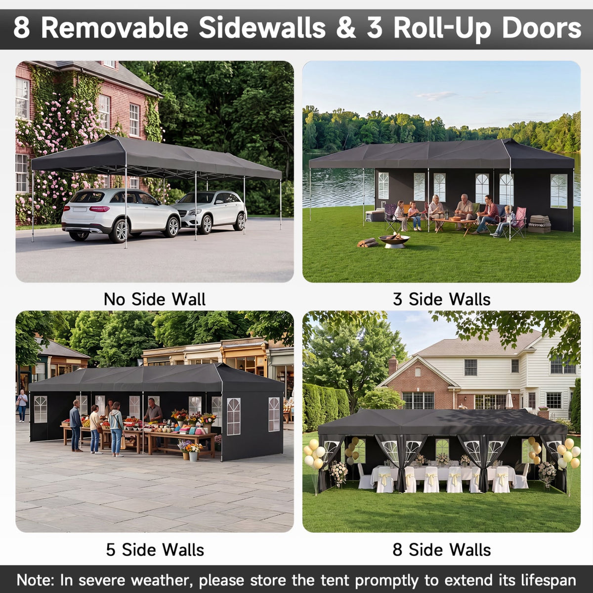10 x 30 FT Pop Up Canopy Tent with 8 Sidewalls and Adjustable Height-Black-Canopies-DECOROLALA