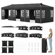 10 x 30 FT Pop Up Canopy Tent with 8 Sidewalls and Adjustable Height-Black-Canopies-DECOROLALA