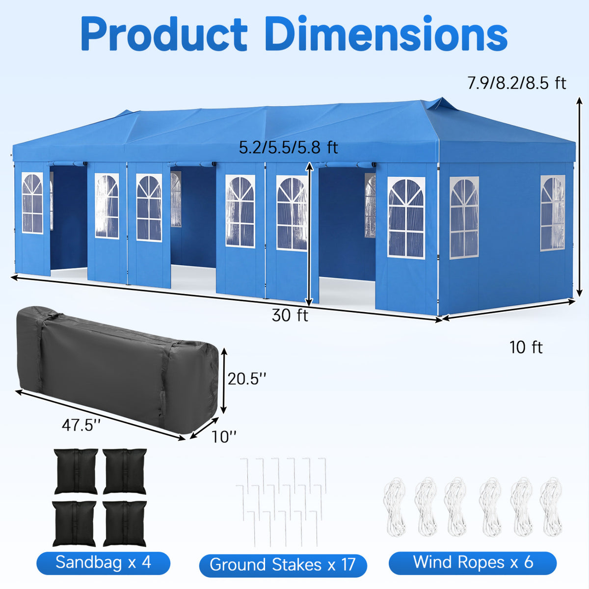 10 x 30 FT Pop Up Canopy Tent with 8 Sidewalls and Adjustable Height-Blue-Canopies-DECOROLALA