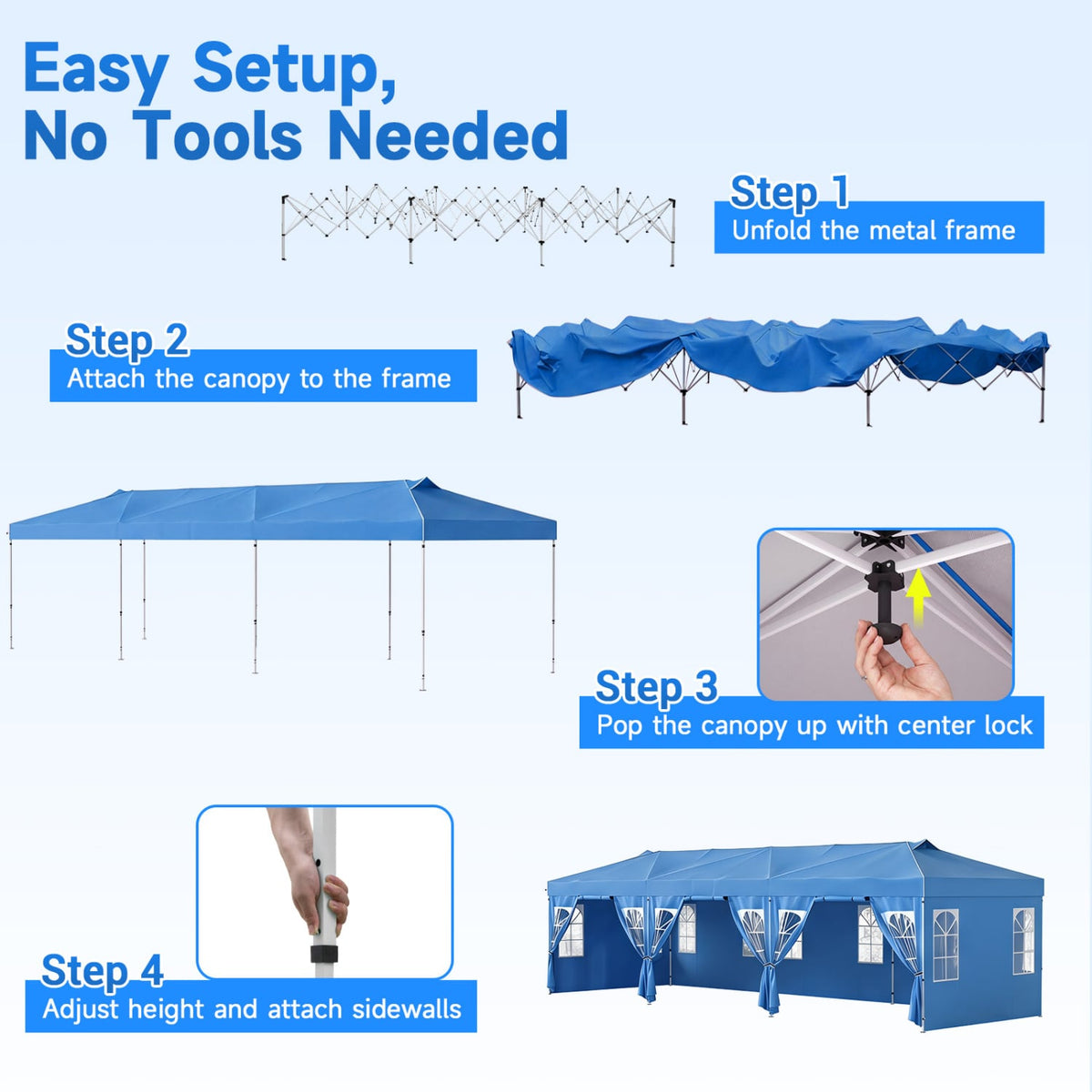 10 x 30 FT Pop Up Canopy Tent with 8 Sidewalls and Adjustable Height-Blue-Canopies-DECOROLALA