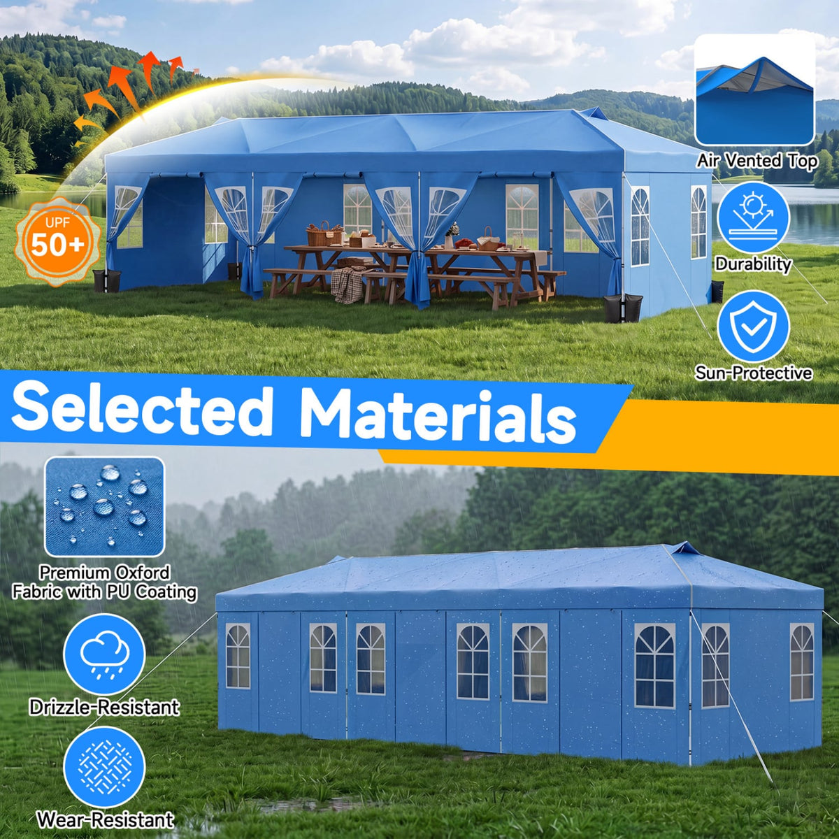 10 x 30 FT Pop Up Canopy Tent with 8 Sidewalls and Adjustable Height-Blue-Canopies-DECOROLALA