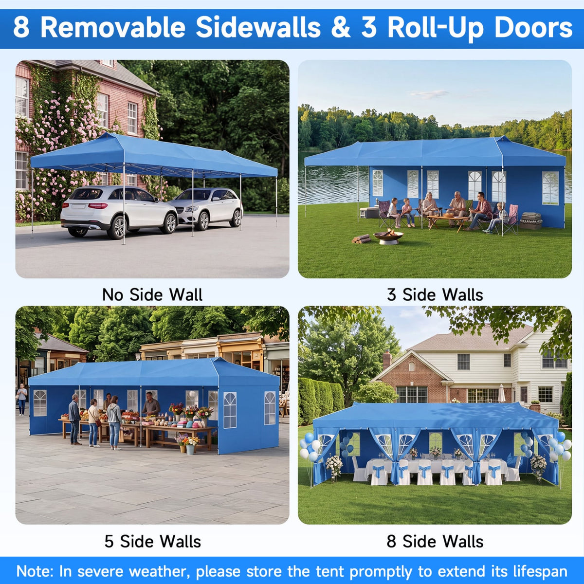 10 x 30 FT Pop Up Canopy Tent with 8 Sidewalls and Adjustable Height-Blue-Canopies-DECOROLALA