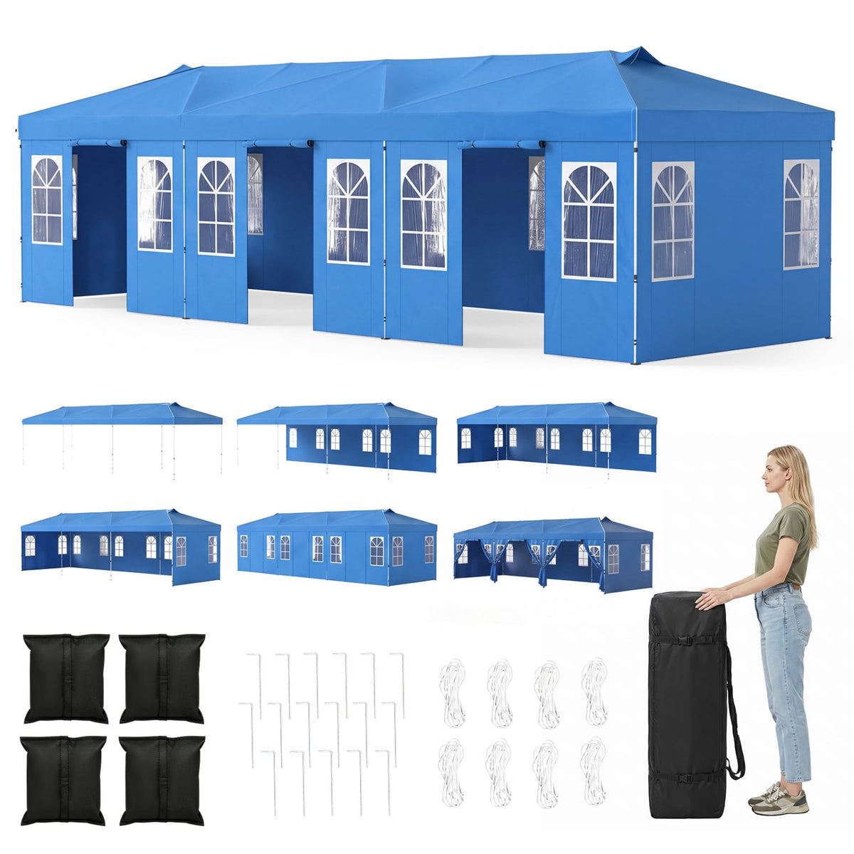 10 x 30 FT Pop Up Canopy Tent with 8 Sidewalls and Adjustable Height-Blue-Canopies-DECOROLALA