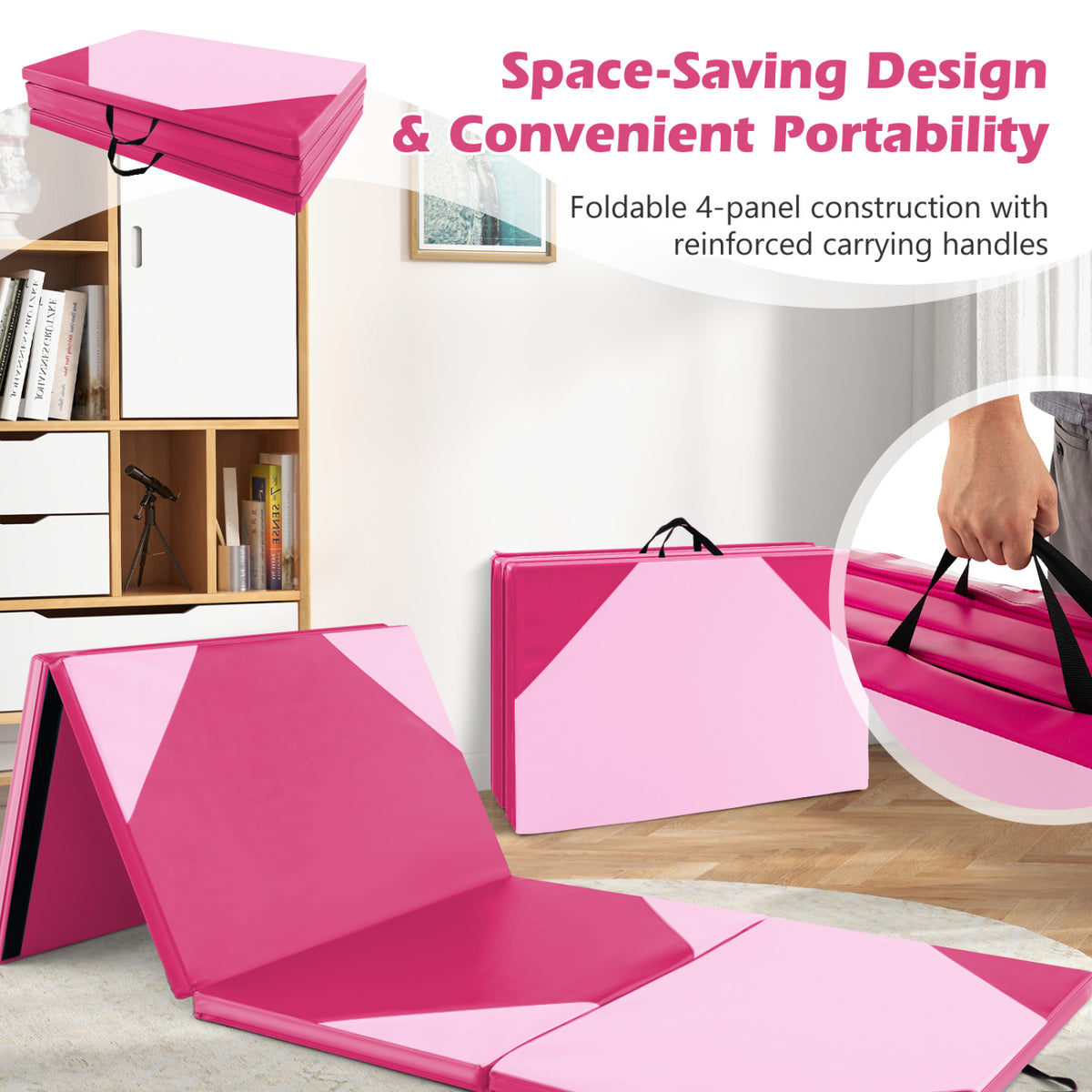 10' x 4' x 2" Folding Exercise Mat with Hook and Loop Fasteners-Hot Pink-Yoga & Gym Mats-DECOROLALA