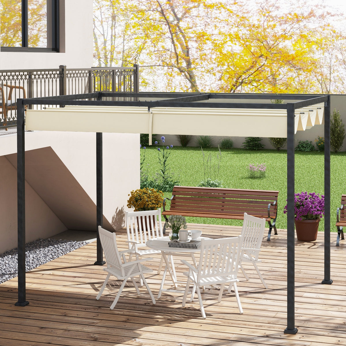10' x 7' Patio Pergola with Retractable Canopy - Cream White-Pergolas-DECOROLALA