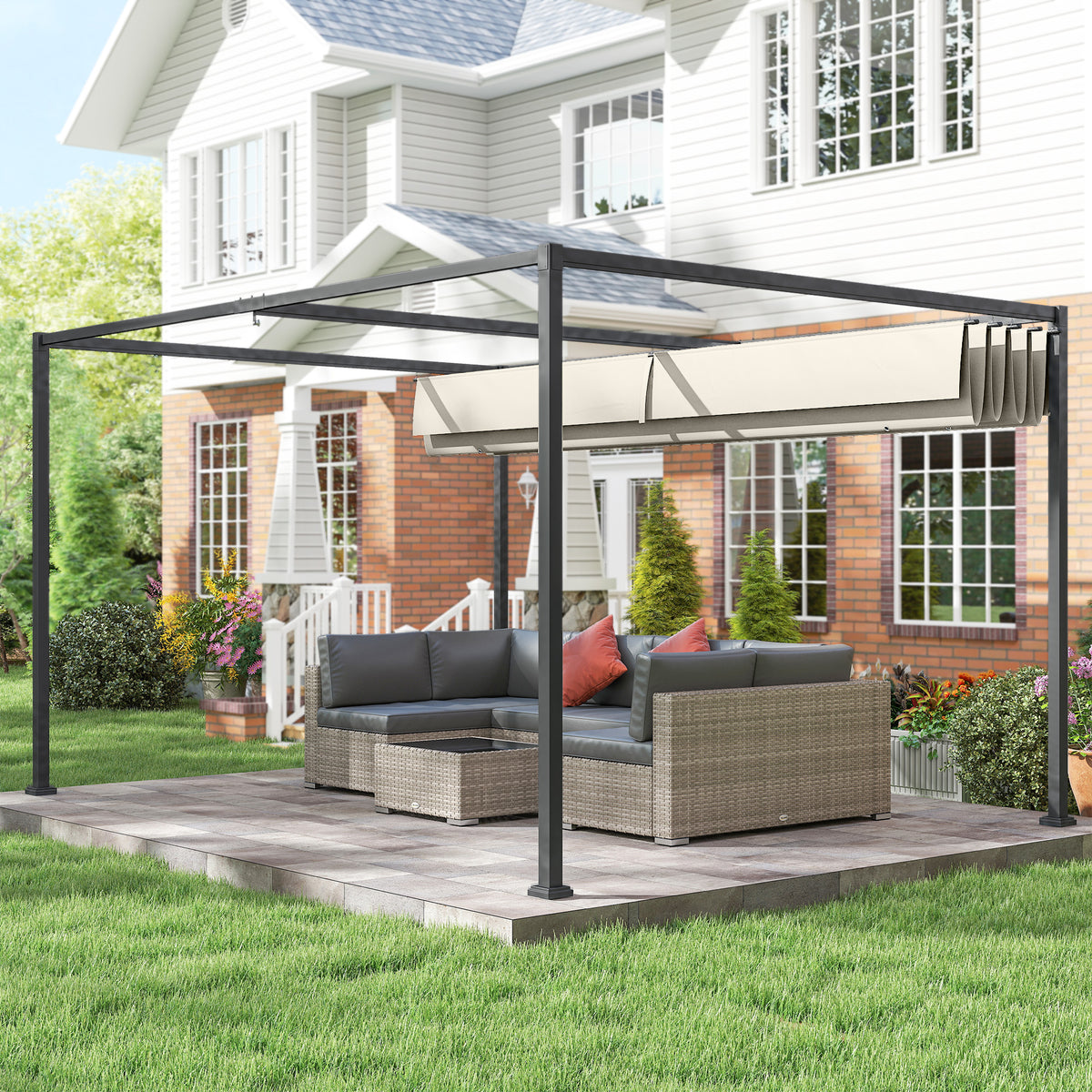 10' x 7' Patio Pergola with Retractable Canopy - Cream White-Pergolas-DECOROLALA