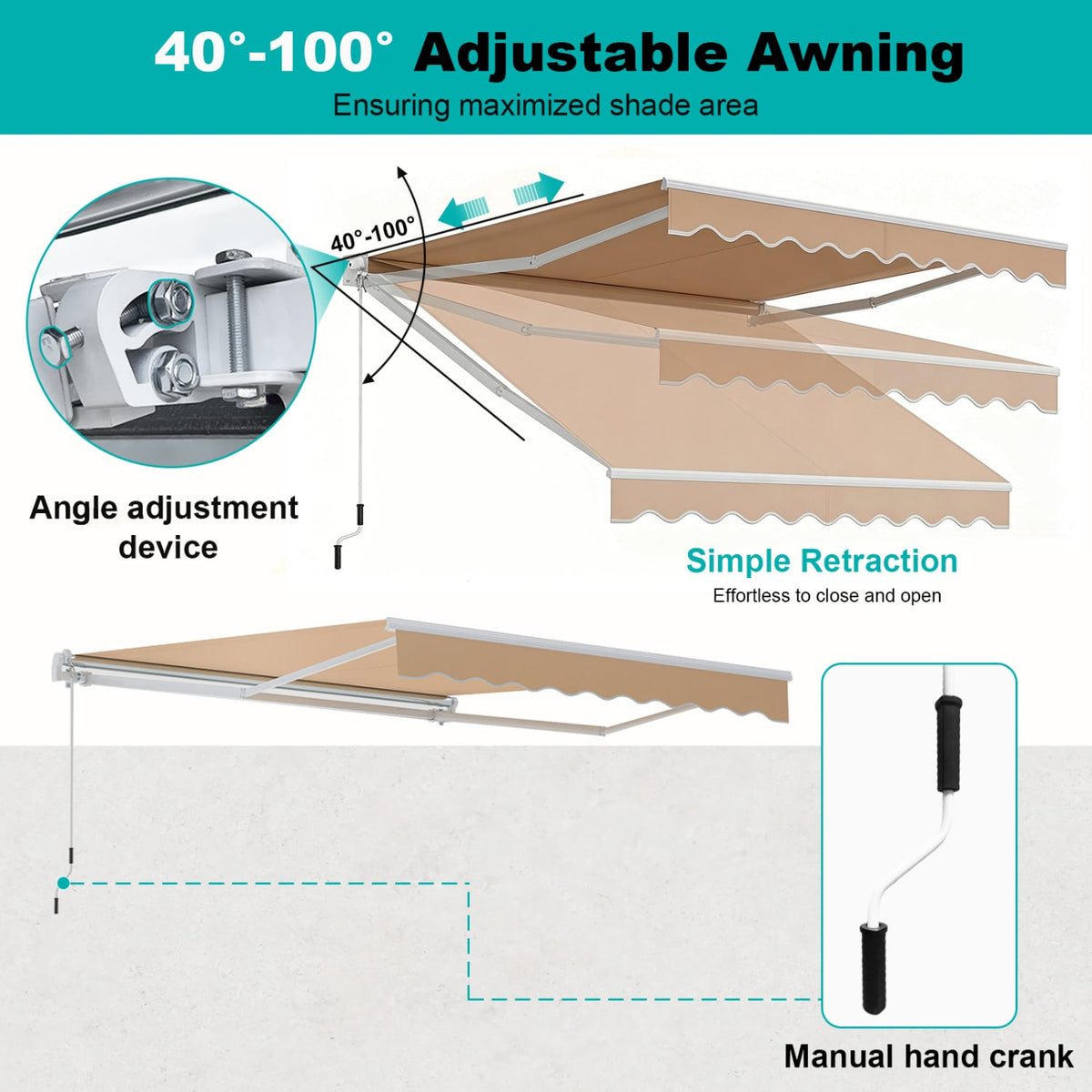 10 x 8.2 Feet Retractable Awning with Easy Opening Manual Crank Handle-Brown-Canopies-DECOROLALA