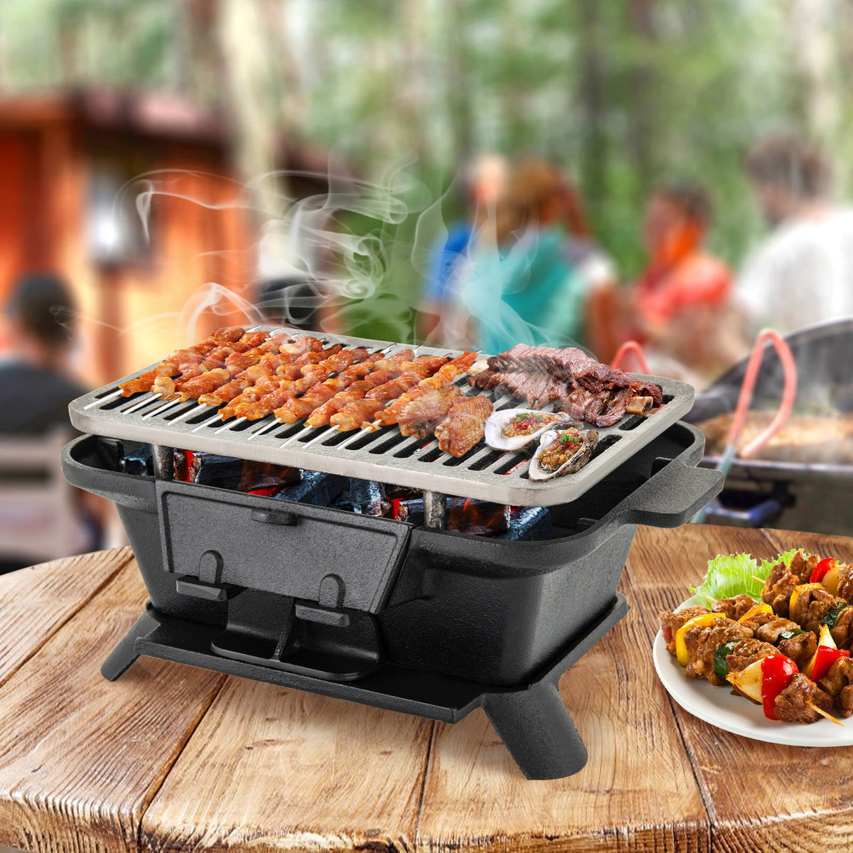 100% Cast Iron Hibachi Grill with Grill Grate Lifter-Outdoor Grills-DECOROLALA