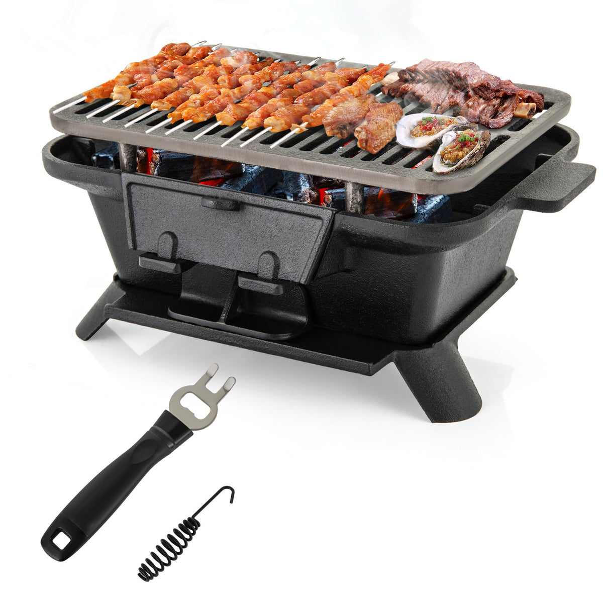 100% Cast Iron Hibachi Grill with Grill Grate Lifter-Outdoor Grills-DECOROLALA