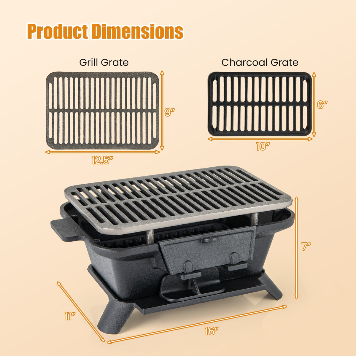 100% Cast Iron Hibachi Grill with Grill Grate Lifter-Outdoor Grills-DECOROLALA