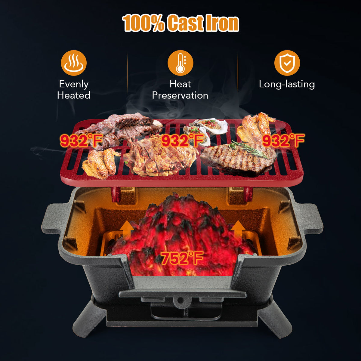 100% Cast Iron Hibachi Grill with Grill Grate Lifter-Outdoor Grills-DECOROLALA