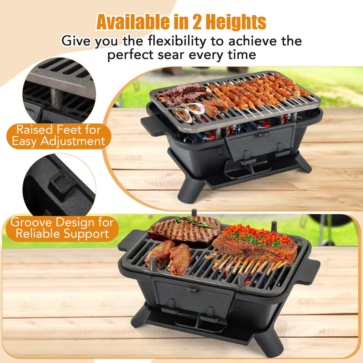 100% Cast Iron Hibachi Grill with Grill Grate Lifter-Outdoor Grills-DECOROLALA
