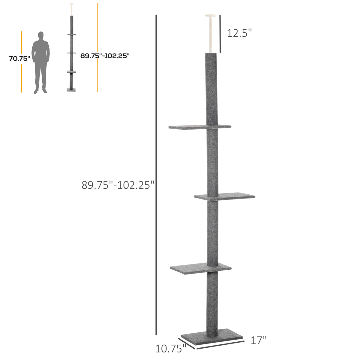 100" Floor to Ceiling Cat Tree - 4-Tier Activity Tower, Grey-Cats-DECOROLALA