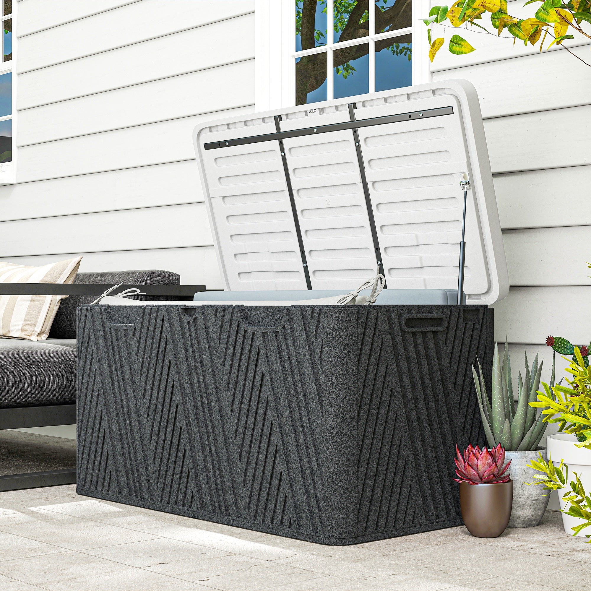 100 Gallon HDPE Outdoor Deck Box - Black and Grey-DECOROLALA