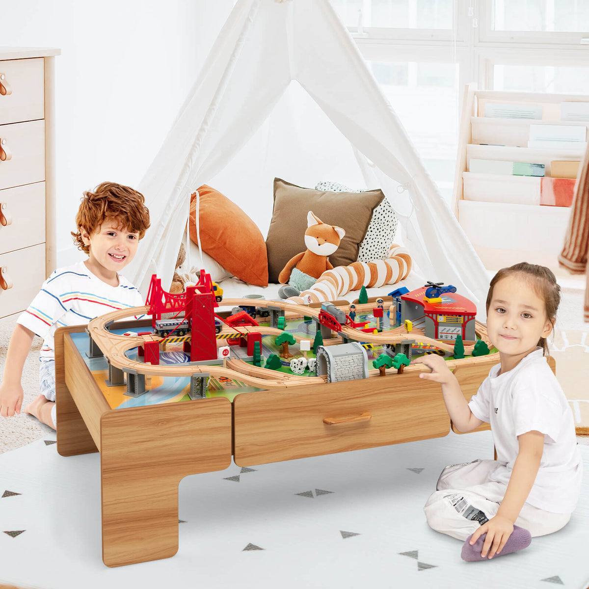 100-Piece Wooden Train Set with 2-in-1 Activity Table and Storage-Educational Toys-DECOROLALA