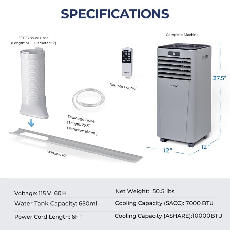 10000 BTU Portable Air Conditioner with Remote Control-Gray-Portable Air Conditioners-DECOROLALA