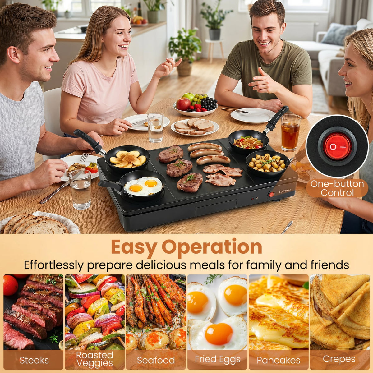 1000W Electric Grill Griddle with 4 Nonstick Woks and Wooden Spatulas for Pancakes-Cookware & Bakeware-DECOROLALA