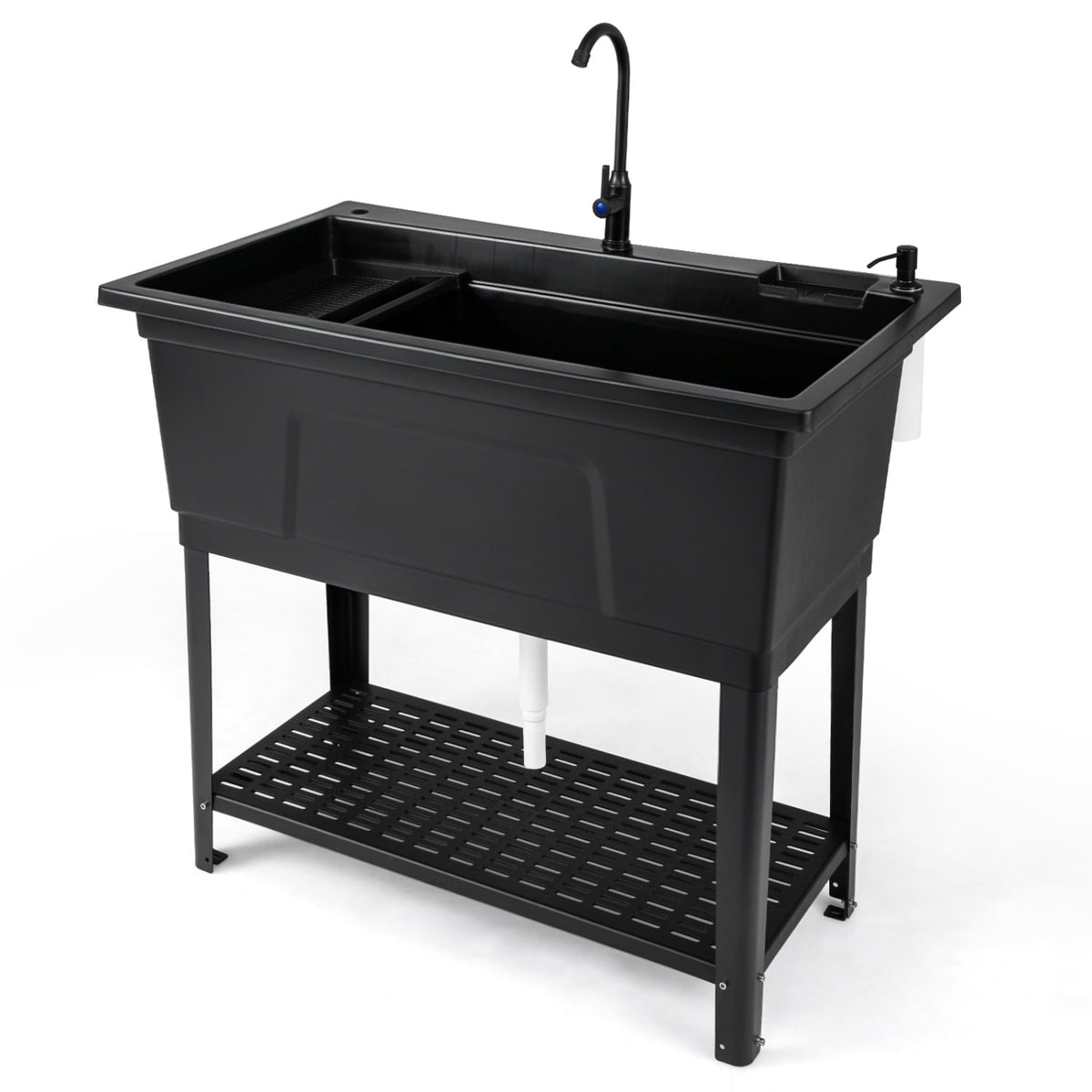 100L Utility Sink Laundry Tub with Rotating Faucet and Storage Shelf-Black-Garages-DECOROLALA