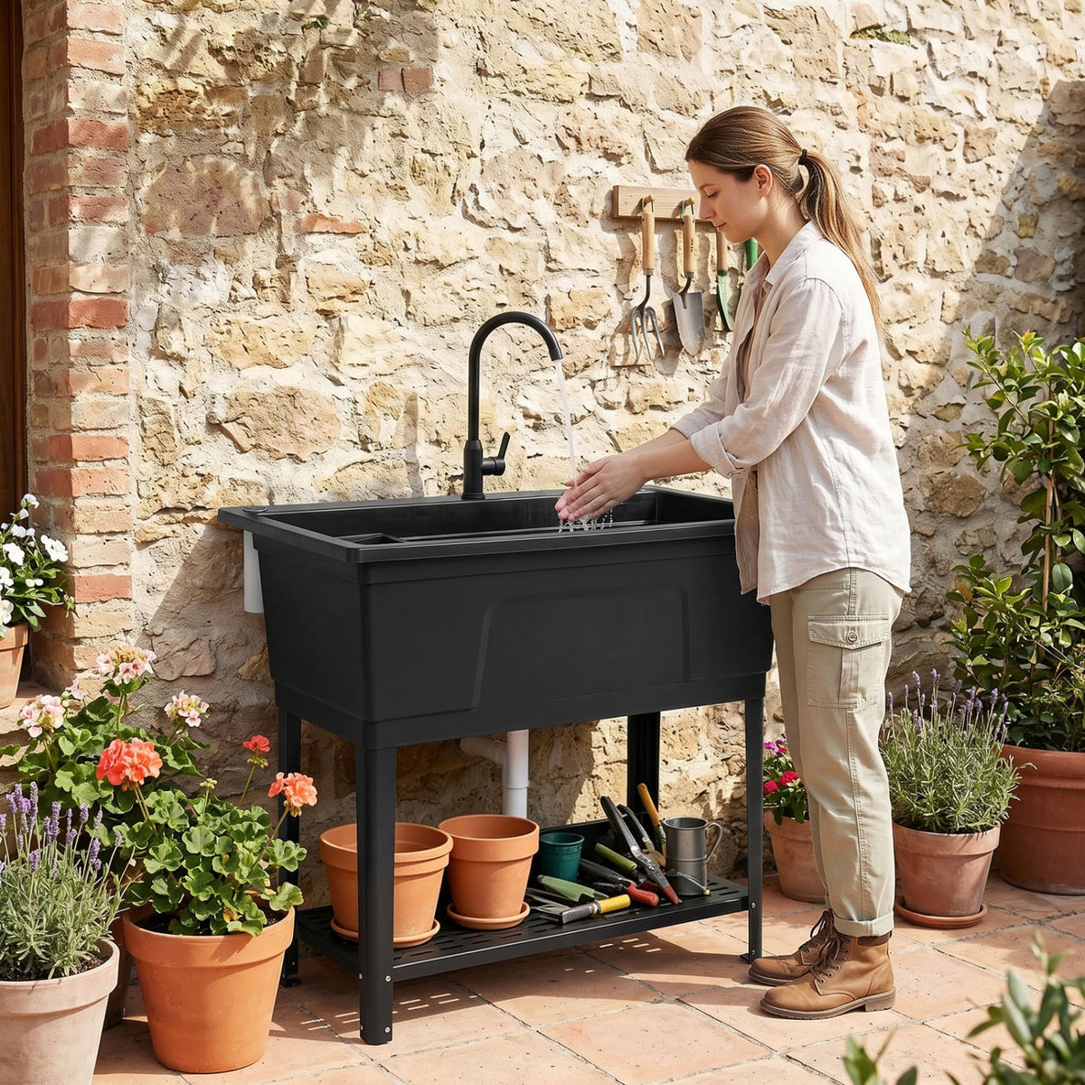 100L Utility Sink Laundry Tub with Rotating Faucet and Storage Shelf-Black-Garages-DECOROLALA