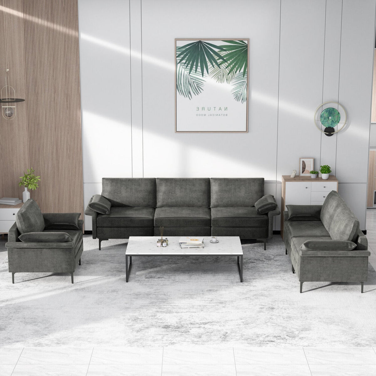 100.5" 3-Seat Modular Sectional Sofa - Gray Linen with Metal Legs-Sofas & Loveseats-DECOROLALA