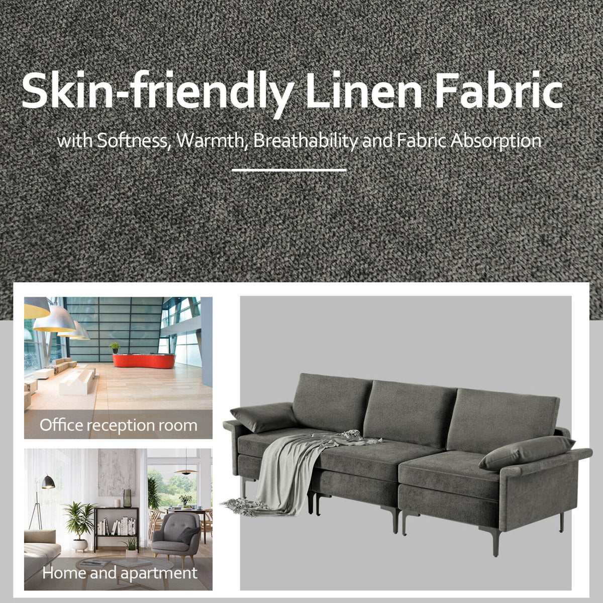 100.5" 3-Seat Modular Sectional Sofa - Gray Linen with Metal Legs-Sofas & Loveseats-DECOROLALA