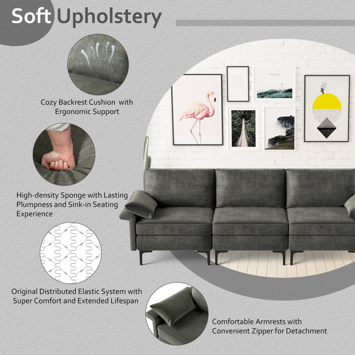 100.5" 3-Seat Modular Sectional Sofa - Gray Linen with Metal Legs-Sofas & Loveseats-DECOROLALA