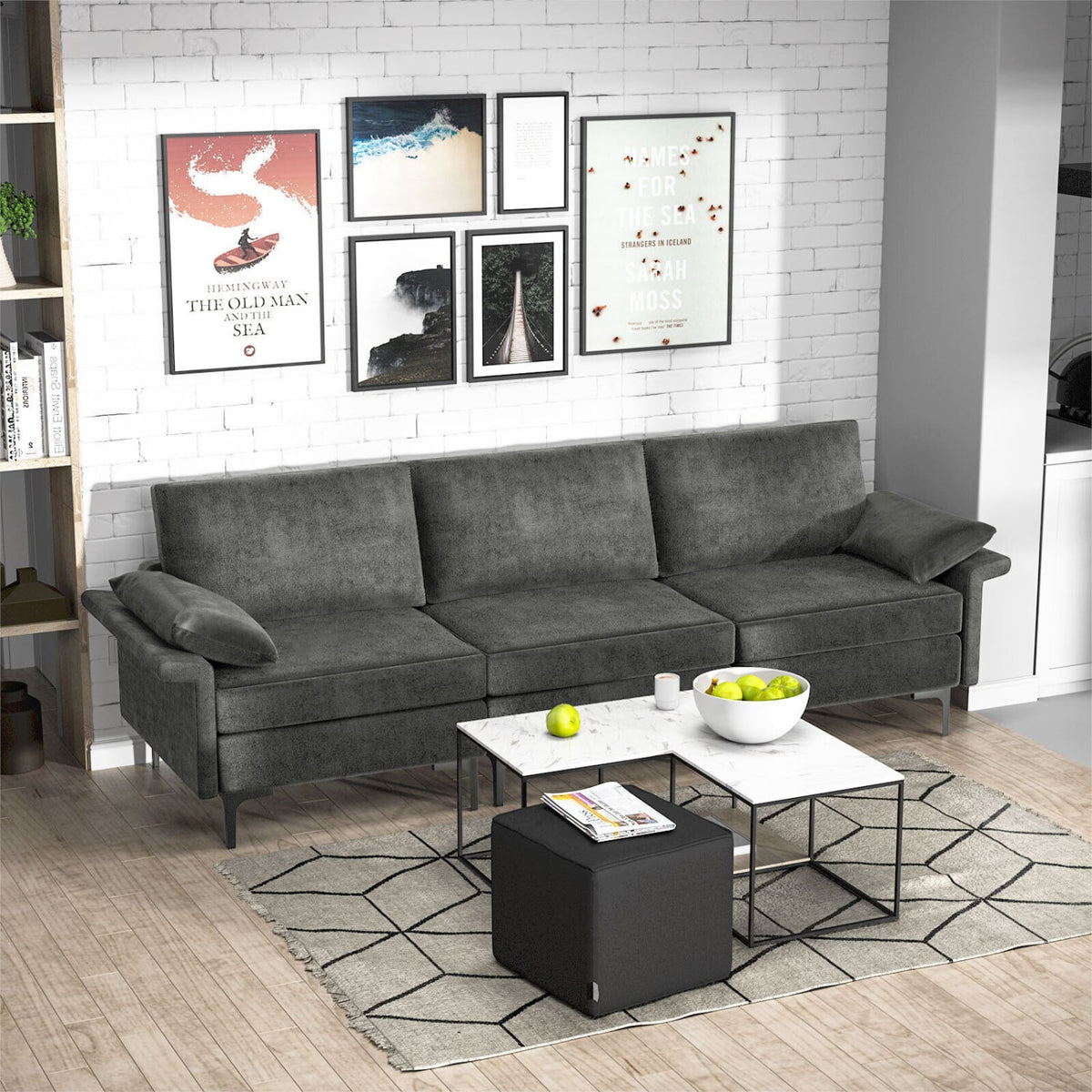 100.5" 3-Seat Modular Sectional Sofa - Gray Linen with Metal Legs-Sofas & Loveseats-DECOROLALA