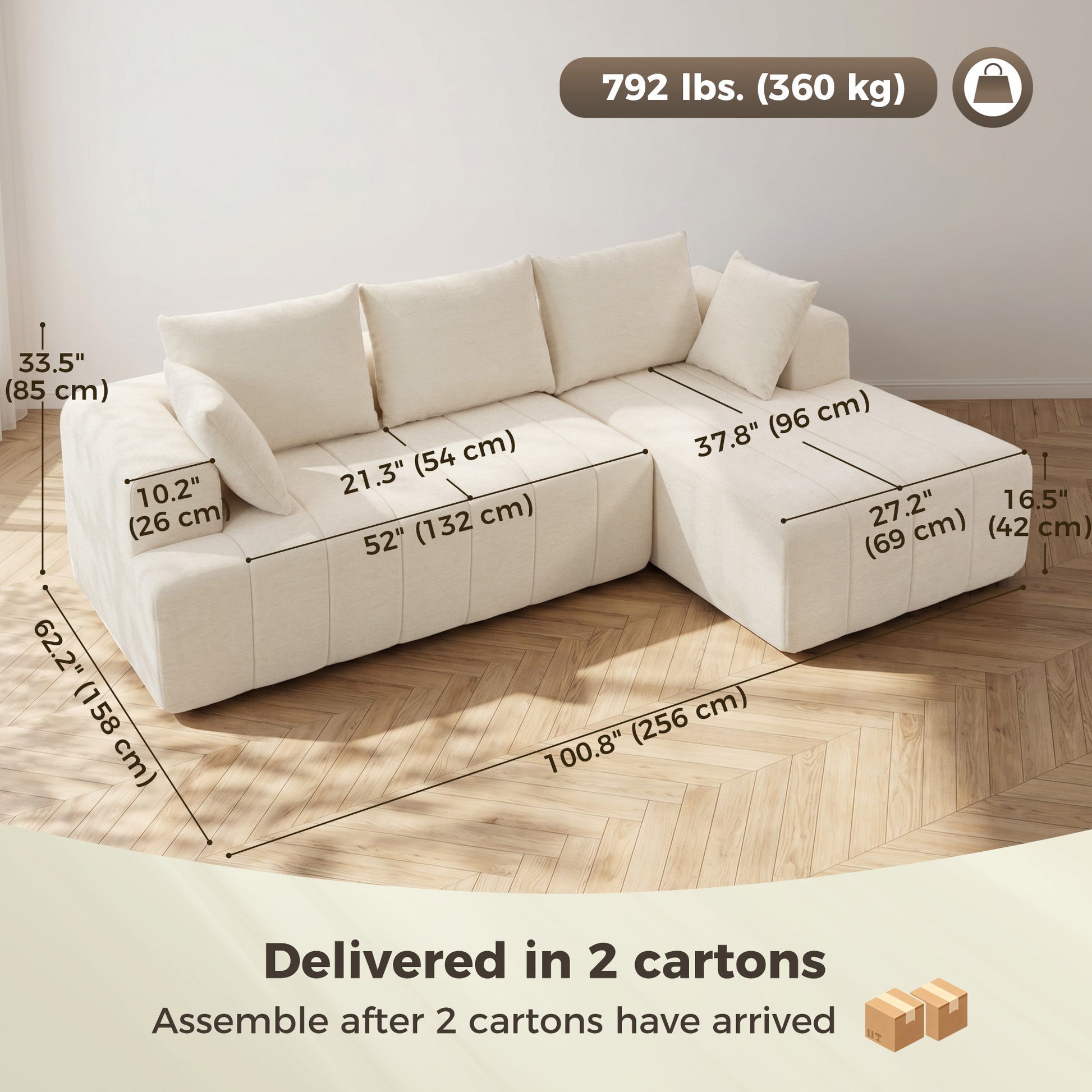 101" Modular Sectional Sofa Bed with Chaise - Beige Chenille-Home Furnishings > Living Room Furniture > Sofas & Reclining Chairs > L Shaped Couchs-DECOROLALA