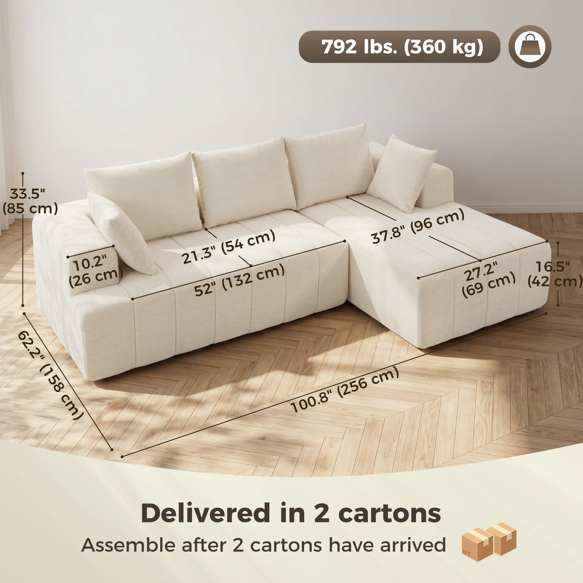 101" Modular Sectional Sofa Bed with Chaise - Beige Chenille-Home Furnishings > Living Room Furniture > Sofas & Reclining Chairs > L Shaped Couchs-DECOROLALA