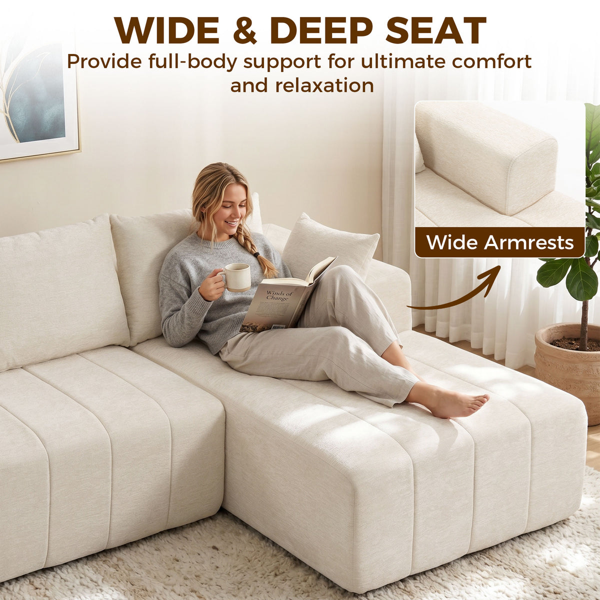 101" Modular Sectional Sofa Bed with Chaise - Beige Chenille-Home Furnishings > Living Room Furniture > Sofas & Reclining Chairs > L Shaped Couchs-DECOROLALA