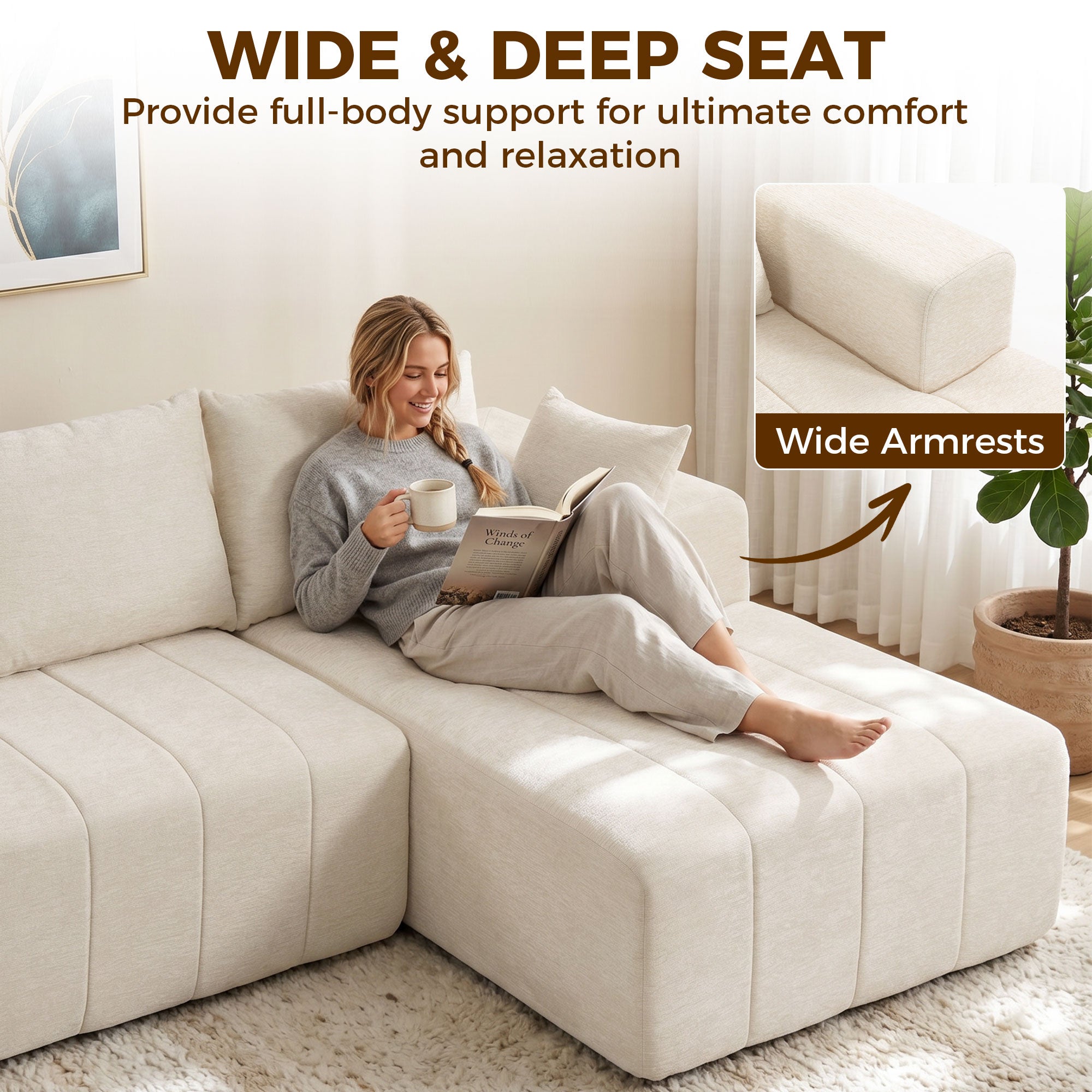 101" Modular Sectional Sofa Bed with Chaise - Beige Chenille-Home Furnishings > Living Room Furniture > Sofas & Reclining Chairs > L Shaped Couchs-DECOROLALA