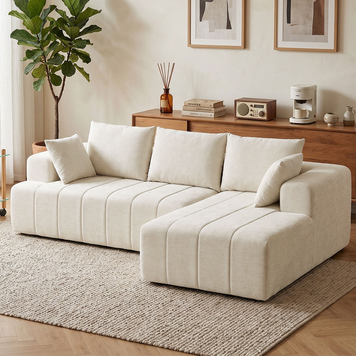 101" Modular Sectional Sofa Bed with Chaise - Beige Chenille-Home Furnishings > Living Room Furniture > Sofas & Reclining Chairs > L Shaped Couchs-DECOROLALA