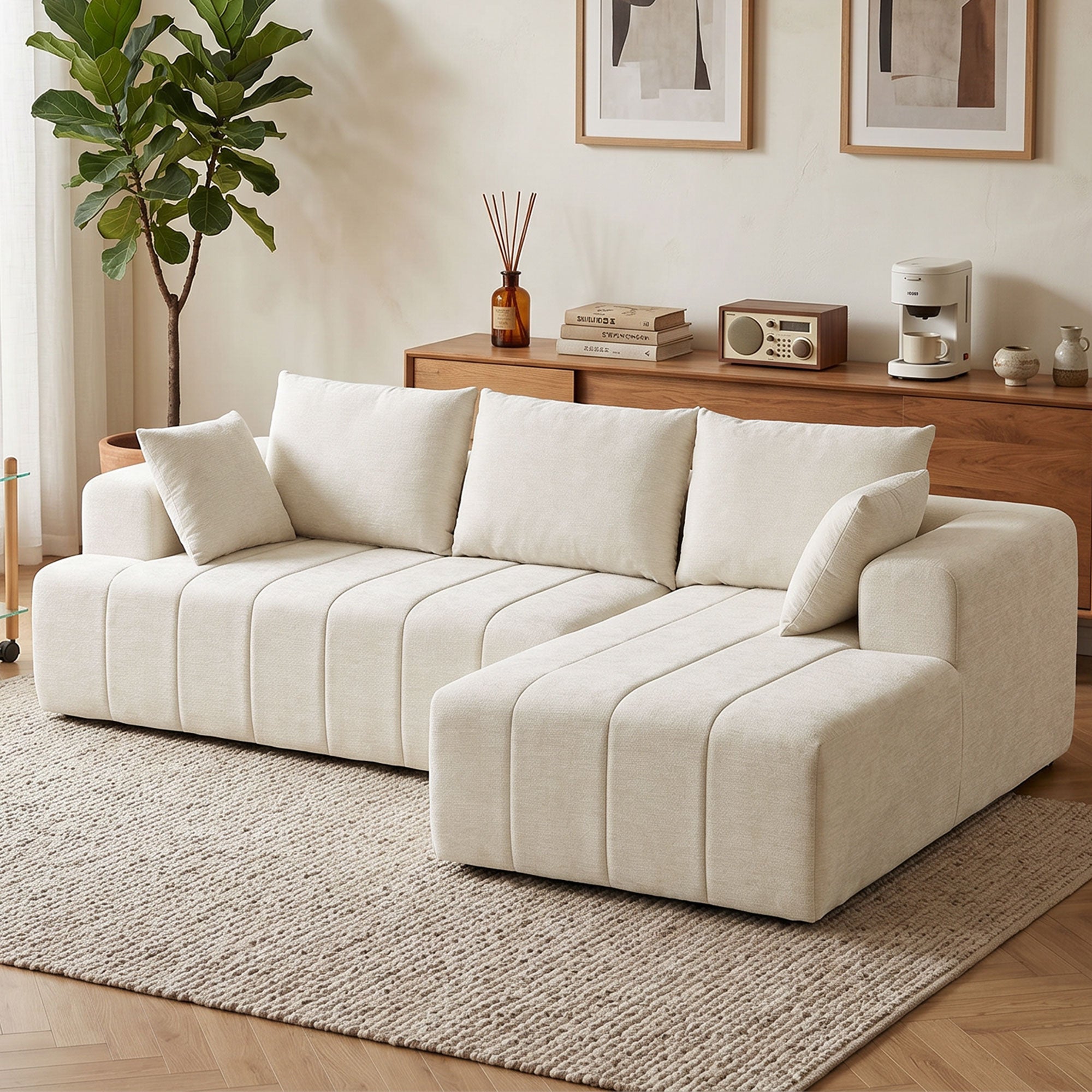 101" Modular Sectional Sofa Bed with Chaise - Beige Chenille-Home Furnishings > Living Room Furniture > Sofas & Reclining Chairs > L Shaped Couchs-DECOROLALA
