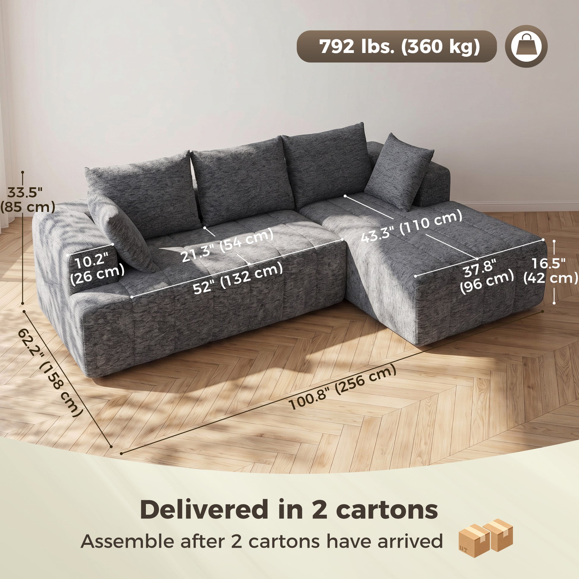 101" Modular Sectional Sofa Bed with Chaise - Grey Chenille-Home Furnishings > Living Room Furniture > Sofas & Reclining Chairs > L Shaped Couchs-DECOROLALA