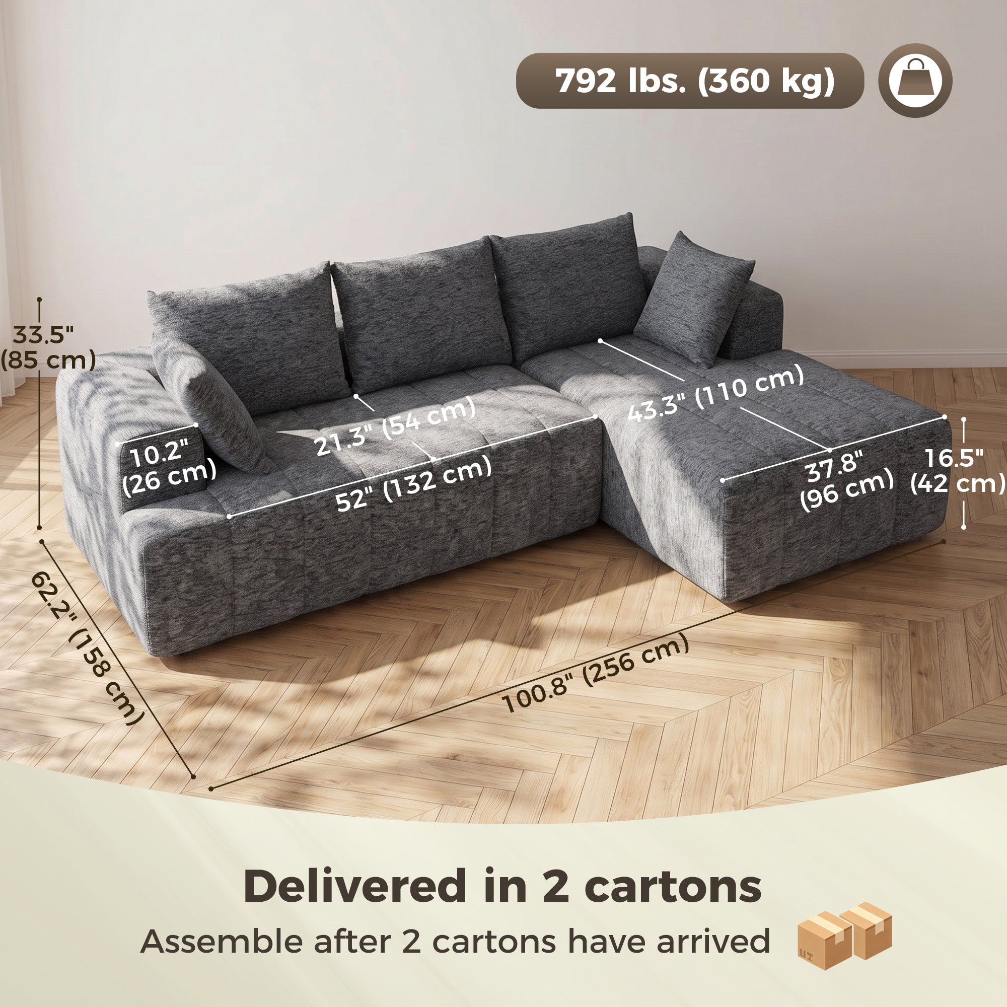 101" Modular Sectional Sofa Bed with Chaise - Grey Chenille-Home Furnishings > Living Room Furniture > Sofas & Reclining Chairs > L Shaped Couchs-DECOROLALA