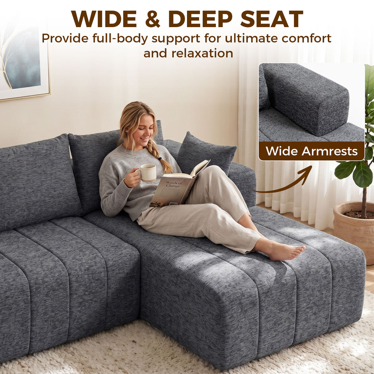 101" Modular Sectional Sofa Bed with Chaise - Grey Chenille-Home Furnishings > Living Room Furniture > Sofas & Reclining Chairs > L Shaped Couchs-DECOROLALA