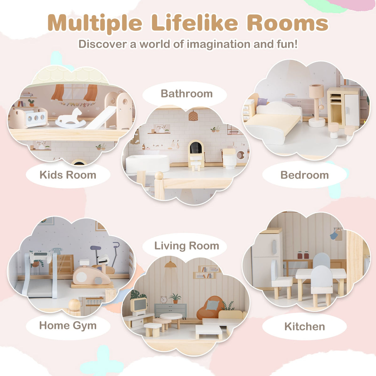 Wooden Dollhouse Kids DIY Pretend Playhouse with 33 PCS Furniture Accessories
