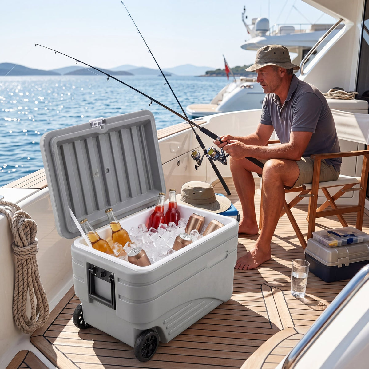 103 Quart Outdoor Portable Wheeled Ice Cooler with Foldable Pull and Carry Handles-Gray-Coolers-DECOROLALA