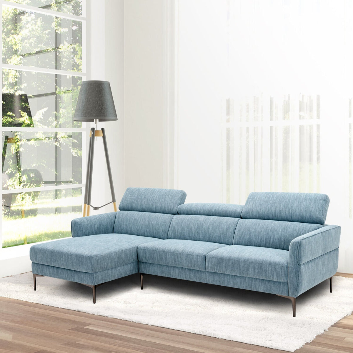 105" L-Shaped Sectional Sofa - Blue Fabric with 3 Headrests-Sofas & Loveseats-DECOROLALA
