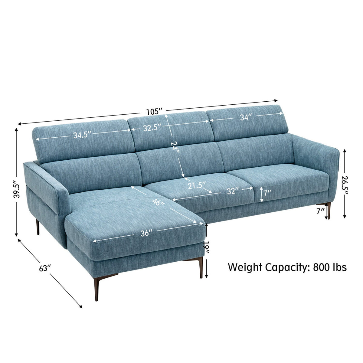 105" L-Shaped Sectional Sofa - Blue Fabric with 3 Headrests-Sofas & Loveseats-DECOROLALA