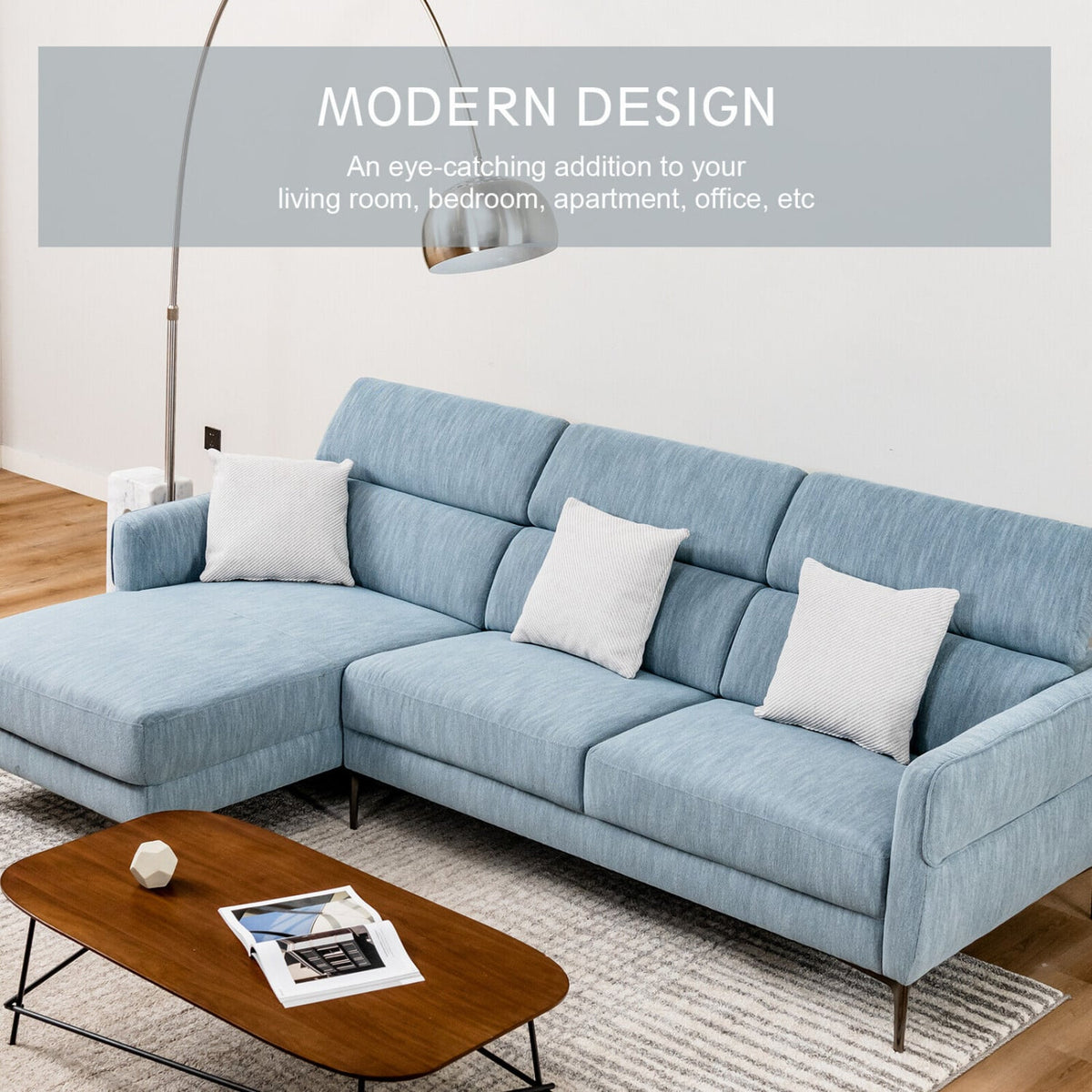105" L-Shaped Sectional Sofa - Blue Fabric with 3 Headrests-Sofas & Loveseats-DECOROLALA