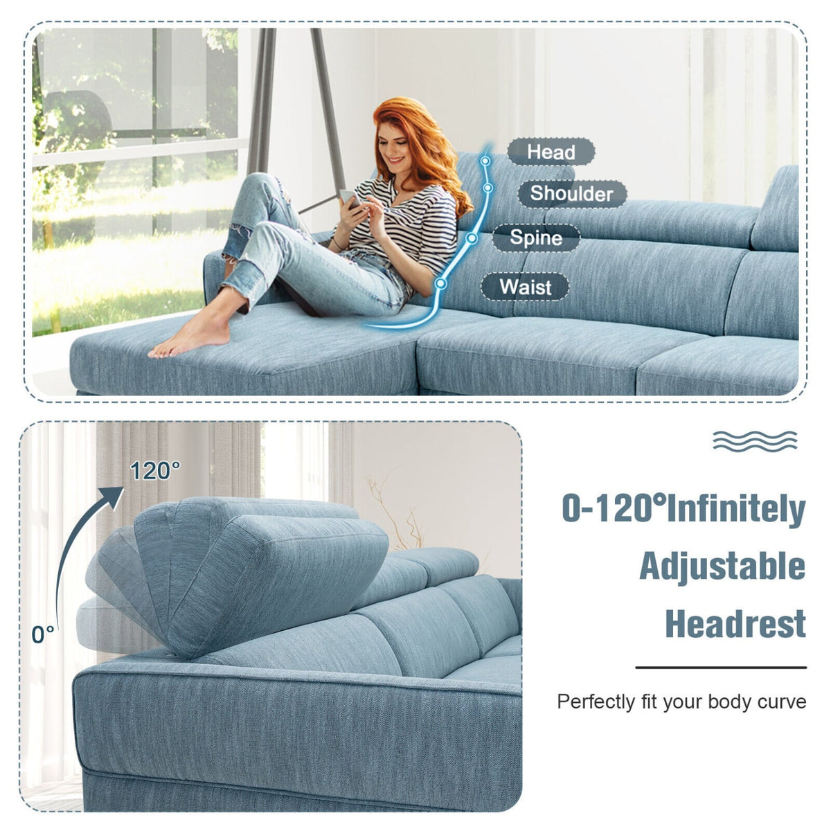 105" L-Shaped Sectional Sofa - Blue Fabric with 3 Headrests-Sofas & Loveseats-DECOROLALA