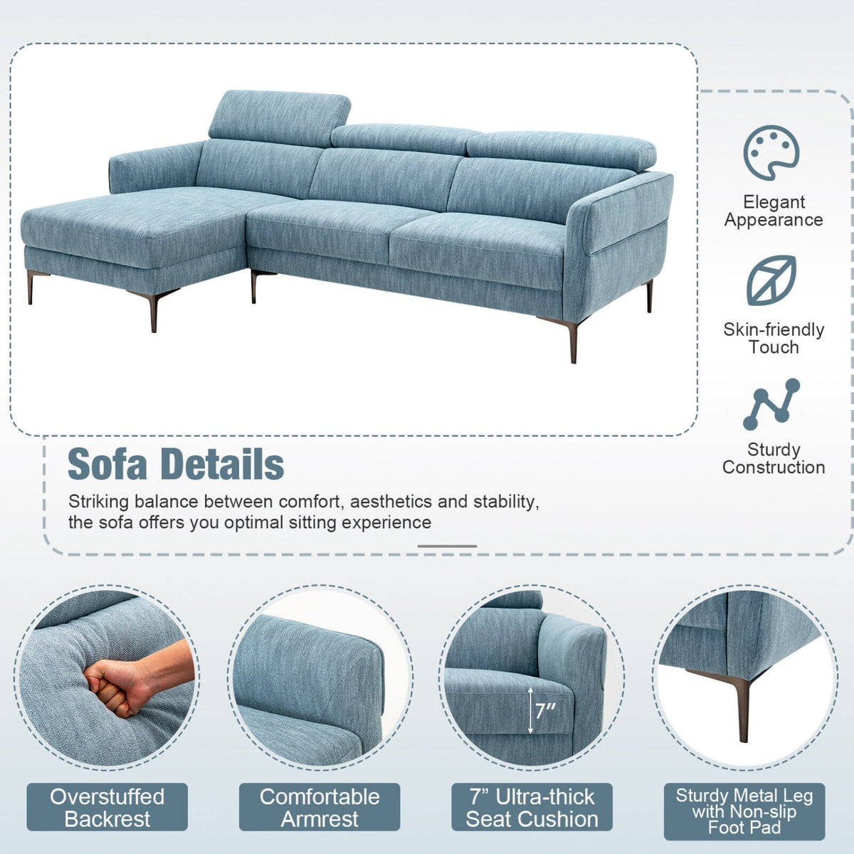 105" L-Shaped Sectional Sofa - Blue Fabric with 3 Headrests-Sofas & Loveseats-DECOROLALA