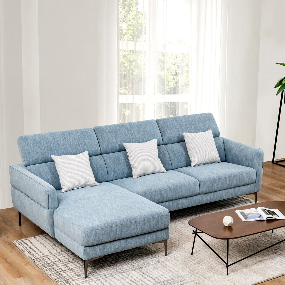 105" L-Shaped Sectional Sofa - Blue Fabric with 3 Headrests-Sofas & Loveseats-DECOROLALA